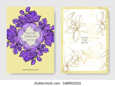 Vector Orchid floral botanical flowers. Black and white engraved ink art. Wedding background card decorative border. Thank you, rsvp, invitation elegant card illustration graphic set banner.