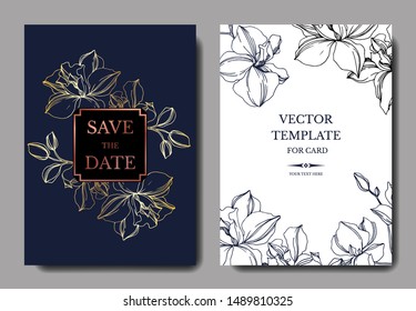 Vector Orchid floral botanical flowers. Black and white engraved ink art. Wedding background card decorative border. Thank you, rsvp, invitation elegant card illustration graphic set banner.