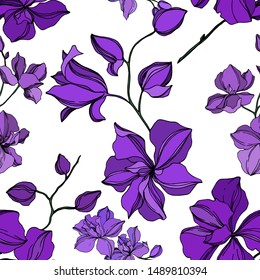 Vector Orchid floral botanical flowers. Wild spring leaf wildflower isolated. Black and purple engraved ink art. Seamless background pattern. Fabric wallpaper print texture.