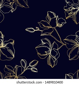 Vector Orchid floral botanical flowers. Wild spring leaf wildflower isolated. Black and gold engraved ink art. Seamless background pattern. Fabric wallpaper print texture.