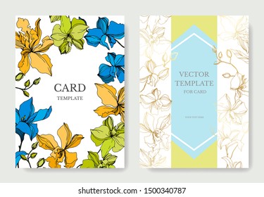 Vector Orchid floral botanical flowers. Black and white engraved ink art. Wedding background card floral decorative border. Thank you, rsvp, invitation elegant card illustration graphic set banner.
