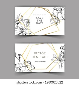 VektorOrchideenblume. Schwarz-Weiß-Gravur der Tintenkunst. Hochzeitshintergrund mit floraler Zierleiste. Vielen Dank, rsvp, Einladung elegante Karte Grafik-Set-Banner.