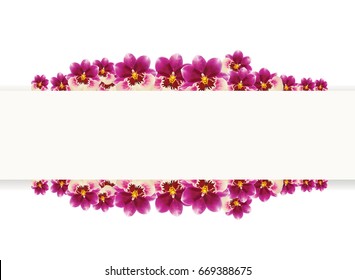 Vector. Flores orquídeas alrededor del círculo en blanco. Plantilla de texto. Flores orquídeas de mitonía o miltonopsis hechas con malla.