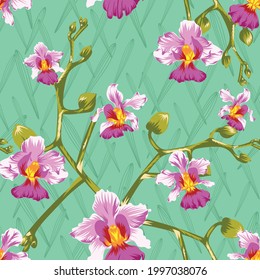 Vector orchid and vanda miss joaquim floral seamless pattern design with green leaf background. Designed by Daania at deeyana83*yahoo.com.