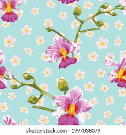 Vector orchid and vanda miss joaquim floral seamless pattern design with green leaf background. Designed by Daania at deeyana83*yahoo.com.