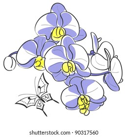 Vector of Orchids and butterfly on white