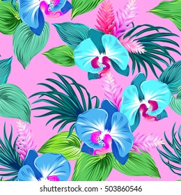vector orchids on fluorescent pink. aqua orchids with bright green leaves, palms, ginger flowers. seamless pattern, floral design. editable vector elements.