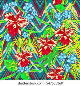 Vector orchids and tropical flowers seamless on zigzag ornament. Tropic floral pattern vivid color blossom exotic flowers hand painting.