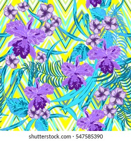 Vector orchids and tropical flowers seamless on zigzag ornament. Tropic floral pattern vivid color blossom exotic flowers hand painting.