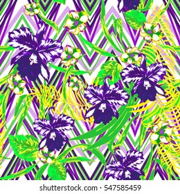 Vector orchids and tropical flowers seamless on zigzag ornament. Tropic floral pattern vivid color blossom exotic flowers hand painting.