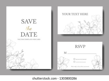 Vector Orcid botanical flower. Wild spring leaf isolated. Engraved ink art. Wedding background card floral decorative border. Thank you, rsvp, invitation elegant card illustration graphic set banner.