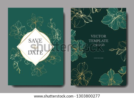 Vector Orcid botanical flower. Wild spring leaf isolated. Engraved ink art. Wedding background card floral decorative border. Thank you, rsvp, invitation elegant card illustration graphic set banner.