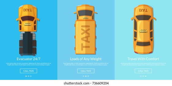 Vector order taxi app screens with different taxi cars top view for smartphone template illustration