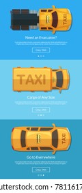 Vector order taxi app screens with different taxi cars top view, transportation cargo and evacuator banners