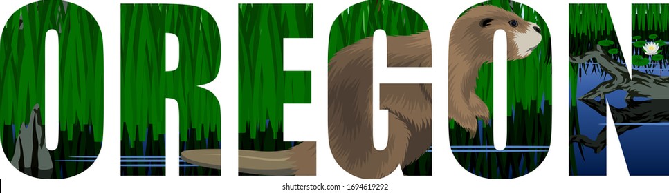  vector Oregon - American state word with Beaver