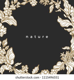 Vector organic card. Elegant template of coffee branch, flower, leaves, bean. Art template, floral border Tropical nature frame. Summer illustration in square, luxury product, romantic packing, invite