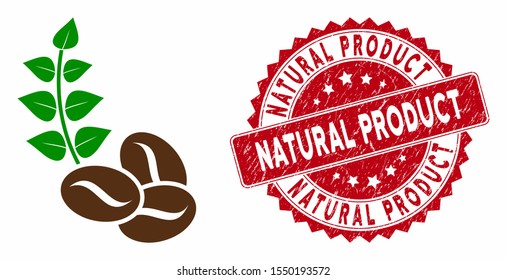 Vector organic coffee beans icon and corroded round stamp watermark with Natural Product text. Flat organic coffee beans icon is isolated on a white background.