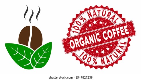 Vector organic coffee icon and rubber round stamp seal with 100% Natural Organic Coffee text. Flat organic coffee icon is isolated on a white background.