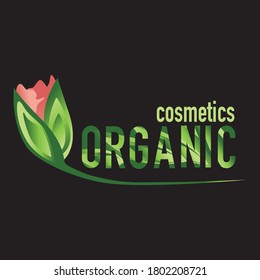 Vector, organic cosmetics logo. Lovely flower bud and inscription. Natural cometics and organic products emblem