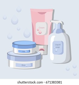 Vector organic Cosmetics set package. Hydration water formula cream and lotion, liquid soap. Perfect for advertising, flyer, banner, poster. Pink color 2d illustration