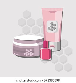 Vector organic Cosmetics set package. Hydration water formula cream and lotion, nailpolish. Perfect for advertising, flyer, banner, poster. Pink color 2d illustration