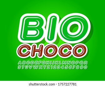 Vector organic emblem Bio Choco with Green and White Font, Glossy Alphabet letters and Numbers