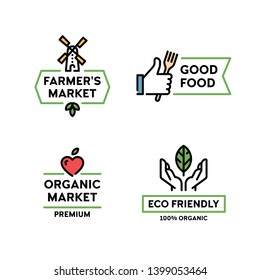 Vector organic farmers food label set. Good food logo with hand like. Line windmill symbol illustration. 100 organic icon with leaf. Farm, eco friendly badges for local market, healthy bio goods