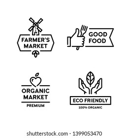 Vector organic farmers food label set. Good food logo with hand like. 100 organic icon with leaf. Line windmill symbol illustration. Farm, eco friendly badges for local market, healthy bio goods