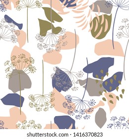 Vector organic floral seamless abstract background, botanical motif, freehand doodles pattern. Hand drawn fennel or dill flowers and abstract leaves outlines in pastel colors.
