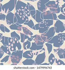 Vector organic floral seamless abstract background, botanical motif, freehand doodles pattern. Hand drawn fennel or dill flowers and abstract leaves outlines in pastel colors.
