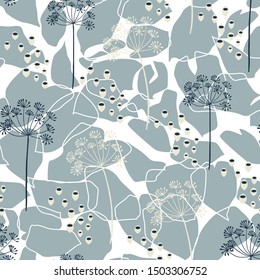 Vektororganische Blumen nahtloser abstrakter Hintergrund, botanisches Motiv, Freibord- und Doodles-Muster. Handgezeichnete Fenchel- oder Dill-Blumen und abstrakte Blätter Umrisse in Pastellfarben.
