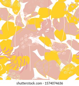 Vector organic floral seamless abstract background, botanical motif, freehand doodles pattern. Hand drawn fennel or dill flowers and abstract leaves outlines in pastel colors.
