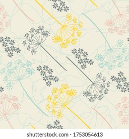 Vector organic floral seamless abstract background, botanical motif, freehand doodles pattern. Hand drawn fennel or dill flowers and abstract leaves outlines in pastel colors.
