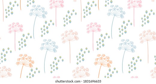 Vector organic floral seamless abstract background, botanical motif, freehand doodles pattern. Fennel flowers in pastel colors.