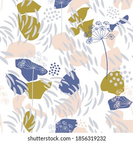 Vector organic floral seamless abstract background, botanical motif, freehand doodles pattern. Hand drawn fennel or dill flowers and abstract leaves outlines in pastel colors.
