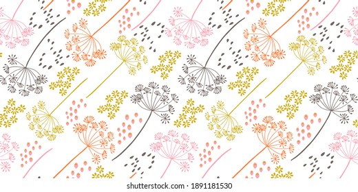 Vector organic floral seamless abstract background, botanical motif, freehand doodles pattern. Fennel flowers in pastel colors.