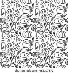 Vector organic food doodle style  seamless pattern. Farm goods background.