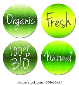 Vector organic food labels and bio emblems collection for  restaurants menu or natural products packaging. Circle curve lines background. 100% bio, fresh, organic and natural labels, logo set.