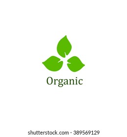 Vector organic food sign with three green leaves. Organic food logo. Natural product icon. Eco farm product . Farm grown organic logo. Green raw diet mark. Healthy menu identity. Herbal mark idea.