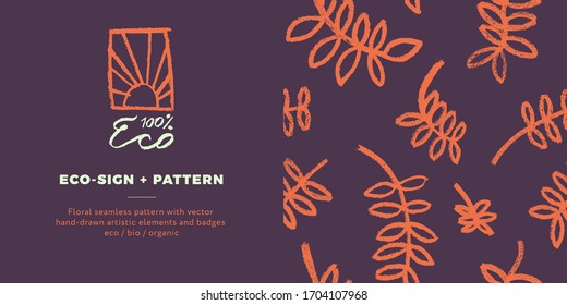 Vector organic food symbol with floral seamless pattern. Healthy eating icon. Vegan badge with hand-drawn leaves. Trendy sign for vegetarian logo, natural cosmetics, eco friendly label design.