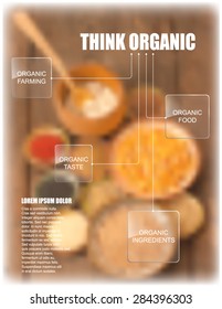 Vector organic food theme template. Flat web or print design with glass appearance displays over a blurred raw food image background