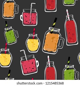 vector organic fruits seamless pattern cocktail. glass bottle jar,isolated. delicious vegan drinks, tasty juices , smoothies made of berries, fruits, vegetables. wrapping paper, print, wallpaper.