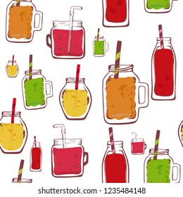 vector organic fruits seamless pattern cocktail. glass bottle jar,isolated. delicious vegan drinks, tasty juices , smoothies made of berries, fruits, vegetables. wrapping paper, print, wallpaper.