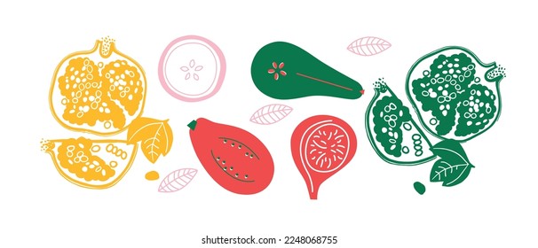 Vorlage für Bio-Früchte. Set saftige Früchte im Cartoon-Stil . Gesunder Lebensstil, Vegetarismus