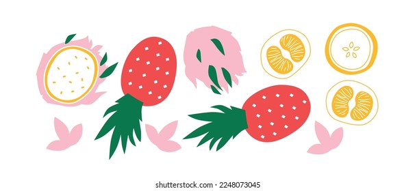 Vector Organic fruits template. Set of juicy fruits in cartoon style . Healthy lifestyle, vegetarianism
