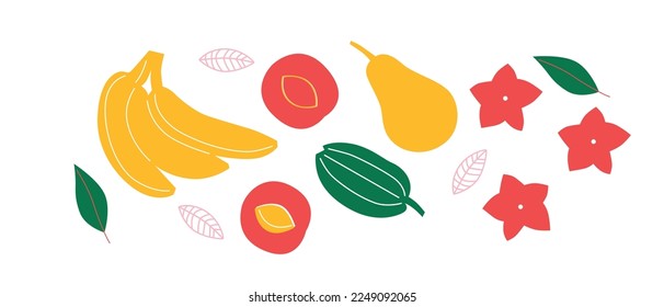 Vector Organic fruits template. Set of juicy fruits in cartoon style . Healthy lifestyle, vegetarianism