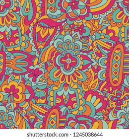 Vector organic geometric seamless abstract doodle ethnic painting. Artistic handmade batik print, floral oriental textile, fabric.
