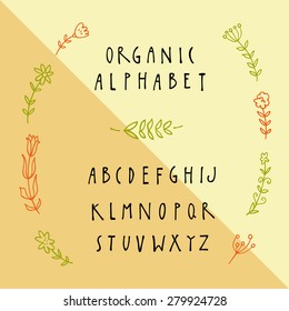 Vector organic hand lettering alphabet with green branches, floral elements, wreaths, leaves, laurels. Organic, bio, natural design, ecology design template. Hand-drawn letters. Vintage vector