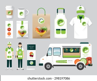 Diseño de vectores de la tienda de salud orgánica conjunto de camionetas de comida callejera, menú, paquete, camiseta, gorra, uniforme y diseño de la pantalla / conjunto de diseño de identidad corporativa modelo de modelo.