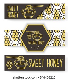 Vector organic honey banners. Bio hand drawn set. Comb in sketchy style.